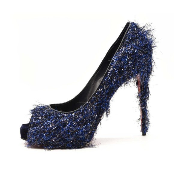 NEW $850 EU 38 Christian Louboutin Very Prive 120 Peep Toe Blue Metallic Threads - Picture 5 of 10